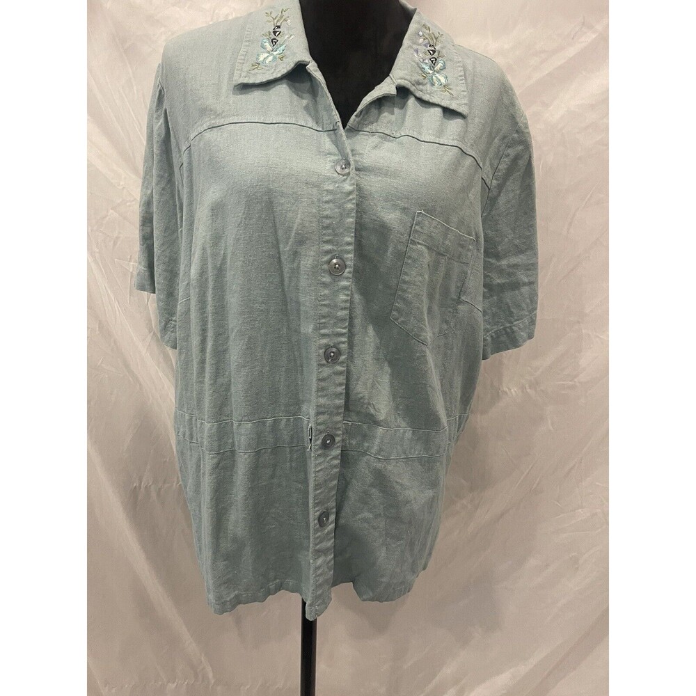 Bobbie Brooks Blue Floral Embroidered Yellow Linen Blend Blouse 22w